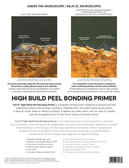 Insl-X High Build Peel Bonding Primer with text and images of wood and primer application.