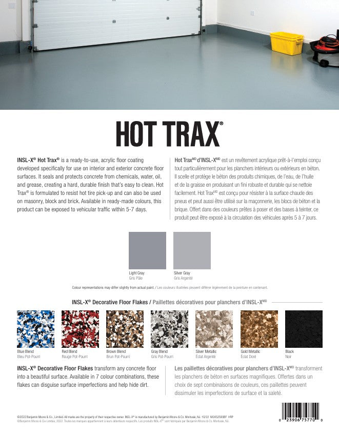 Highlight information for Insl-X HOT TRAX flooring system with color options and product details.