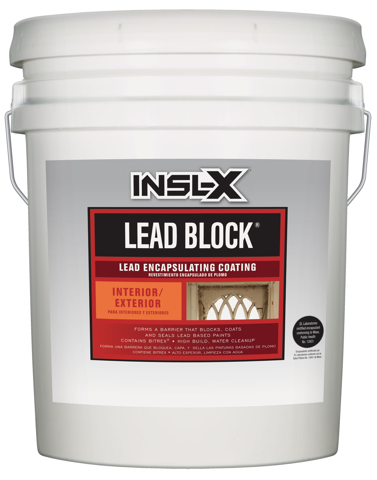 White 5 gallon bucket of INSL-X Lead Block lead encapsulating coating on a white background