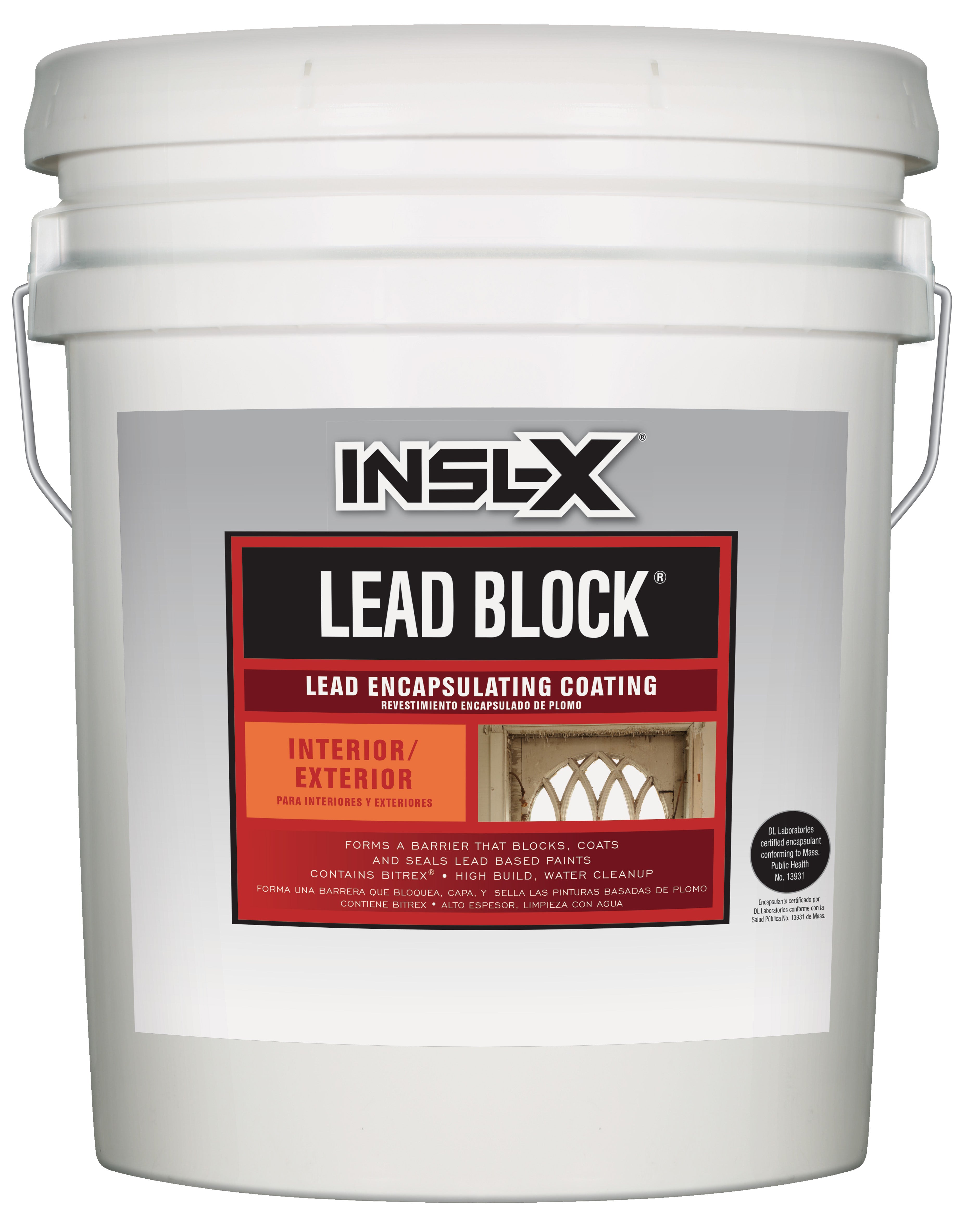 White 5 gallon bucket of INSL-X Lead Block lead encapsulating coating on a white background