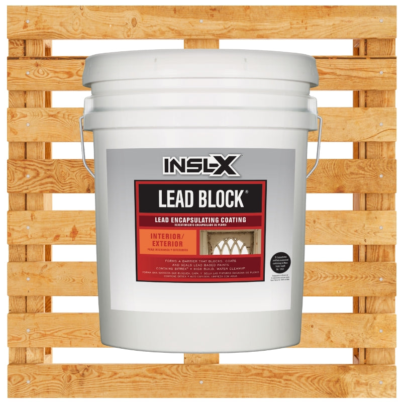 White 5 gallon bucket of INSL-X Lead Block coating on a wooden pallet