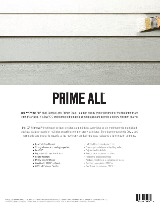 Product features for Insl-X Prime All multi-surface latex primer sealer with a paintbrush on a white background.