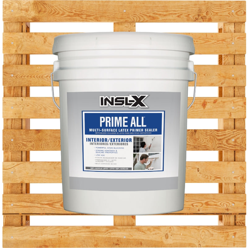 INSL-X Prime All multi-surface latex primer sealer bucket on a wooden pallet