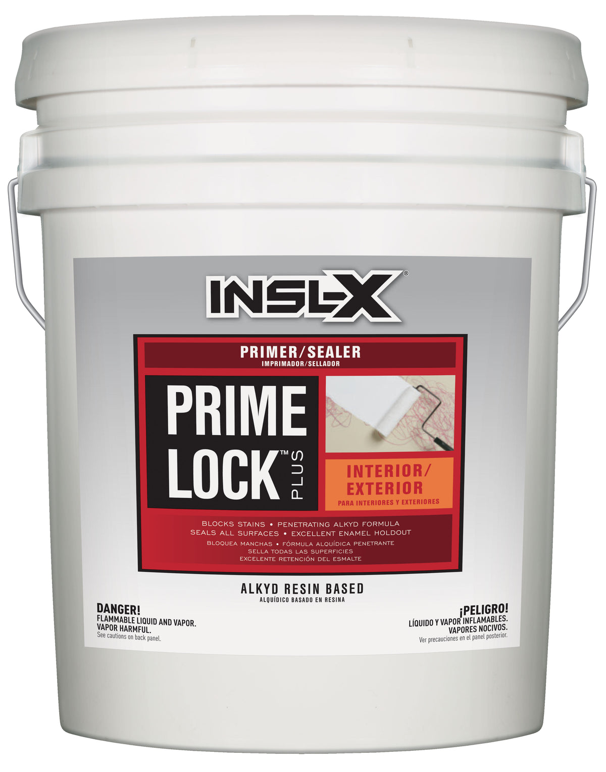 White bucket of INSLX Prime Lock Plus primer/sealer on a white background