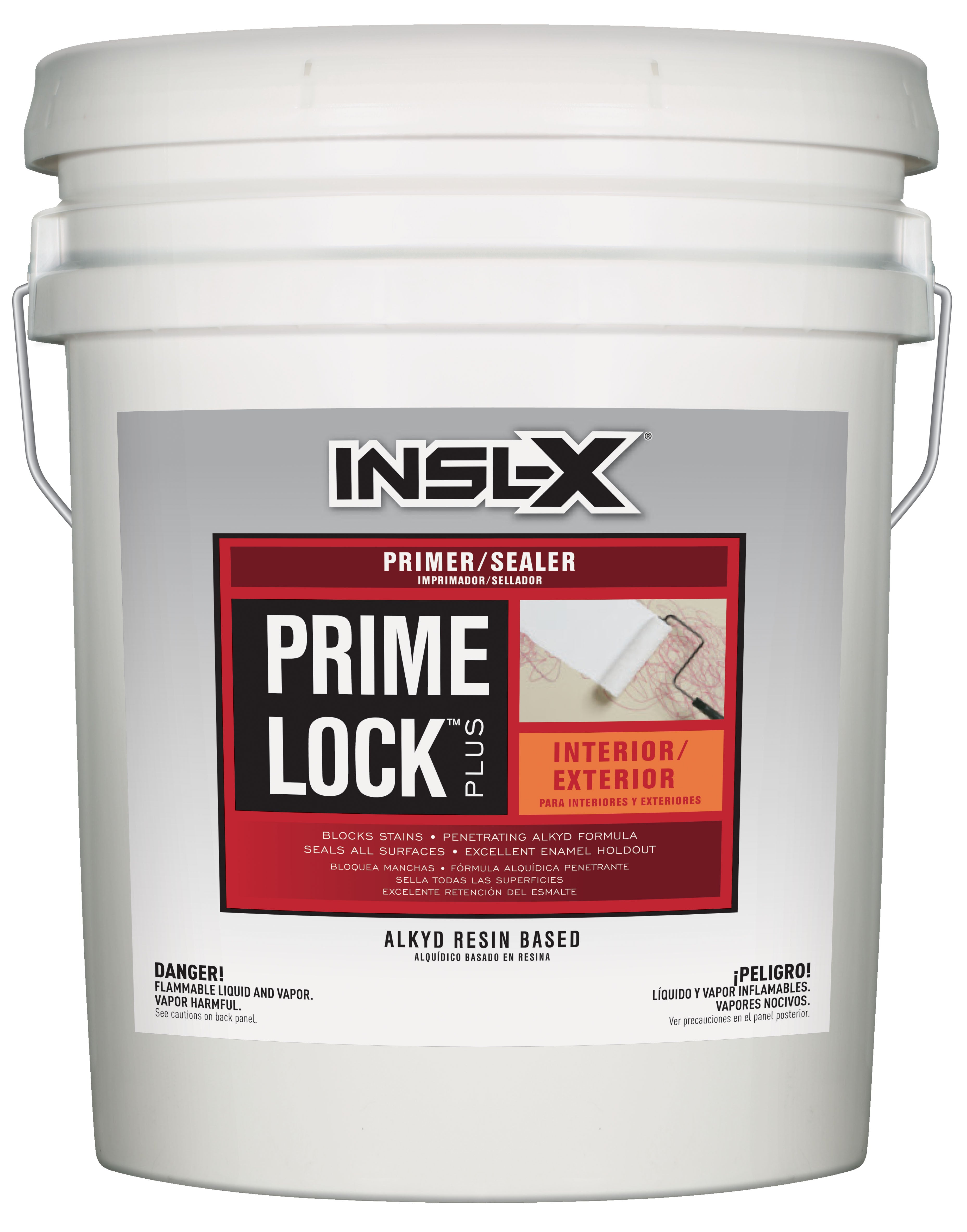 White bucket of INSLX Prime Lock Plus primer/sealer on a white background