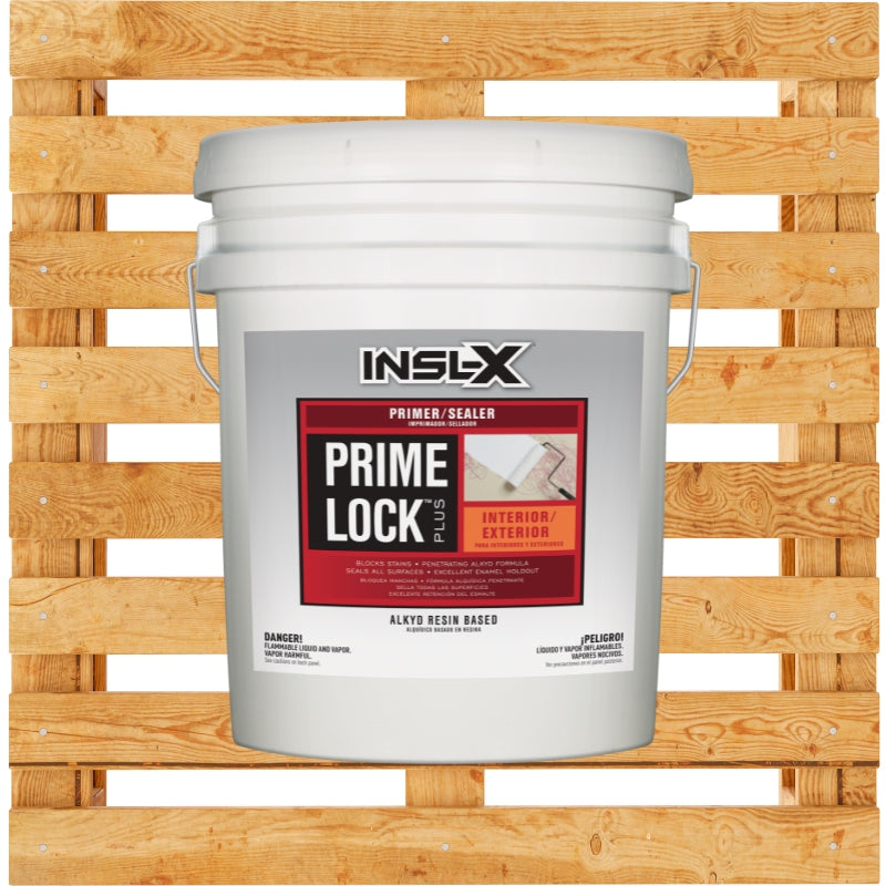 White bucket of INSL-X Prime Lock primer/sealer on a wooden pallet background