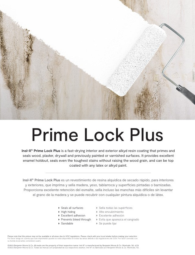 Insl-X Prime Lock Plus product with a roller on a wooden surface listing all the features