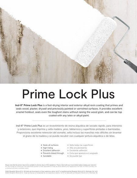 Insl-X Prime Lock Plus product with a roller on a wooden surface listing all the features