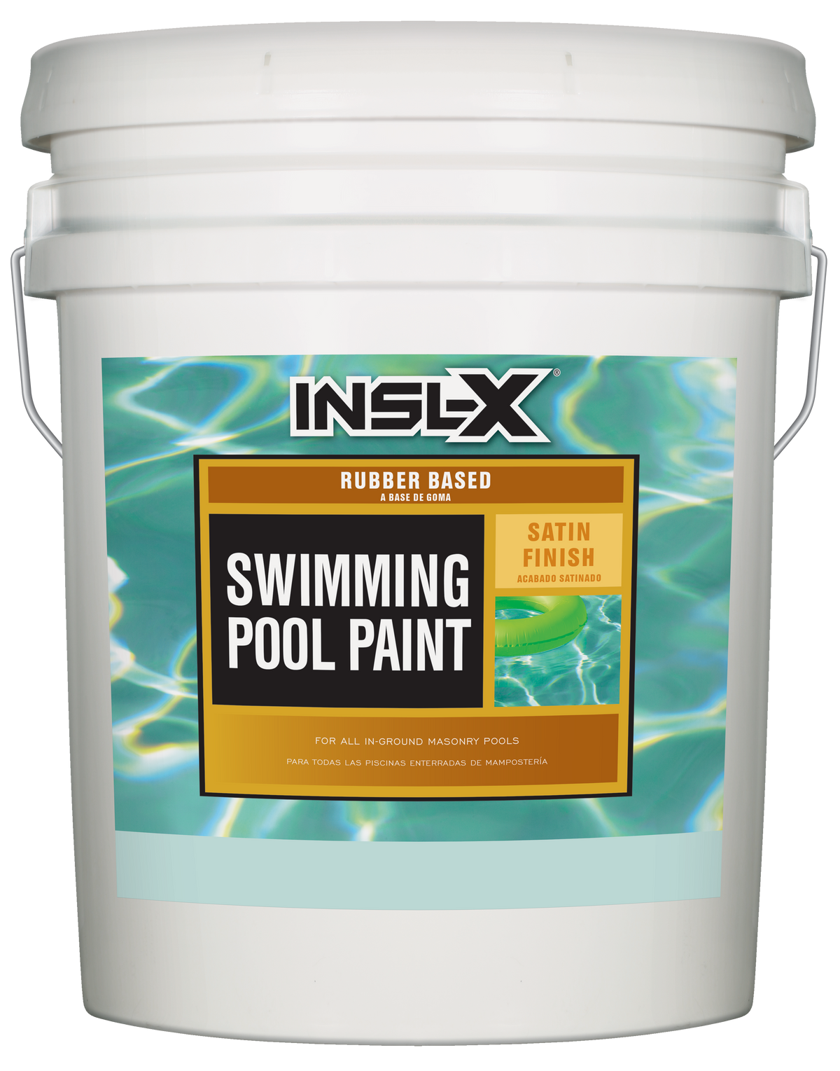 White pail of Insl-X rubber based pool paint on a white background