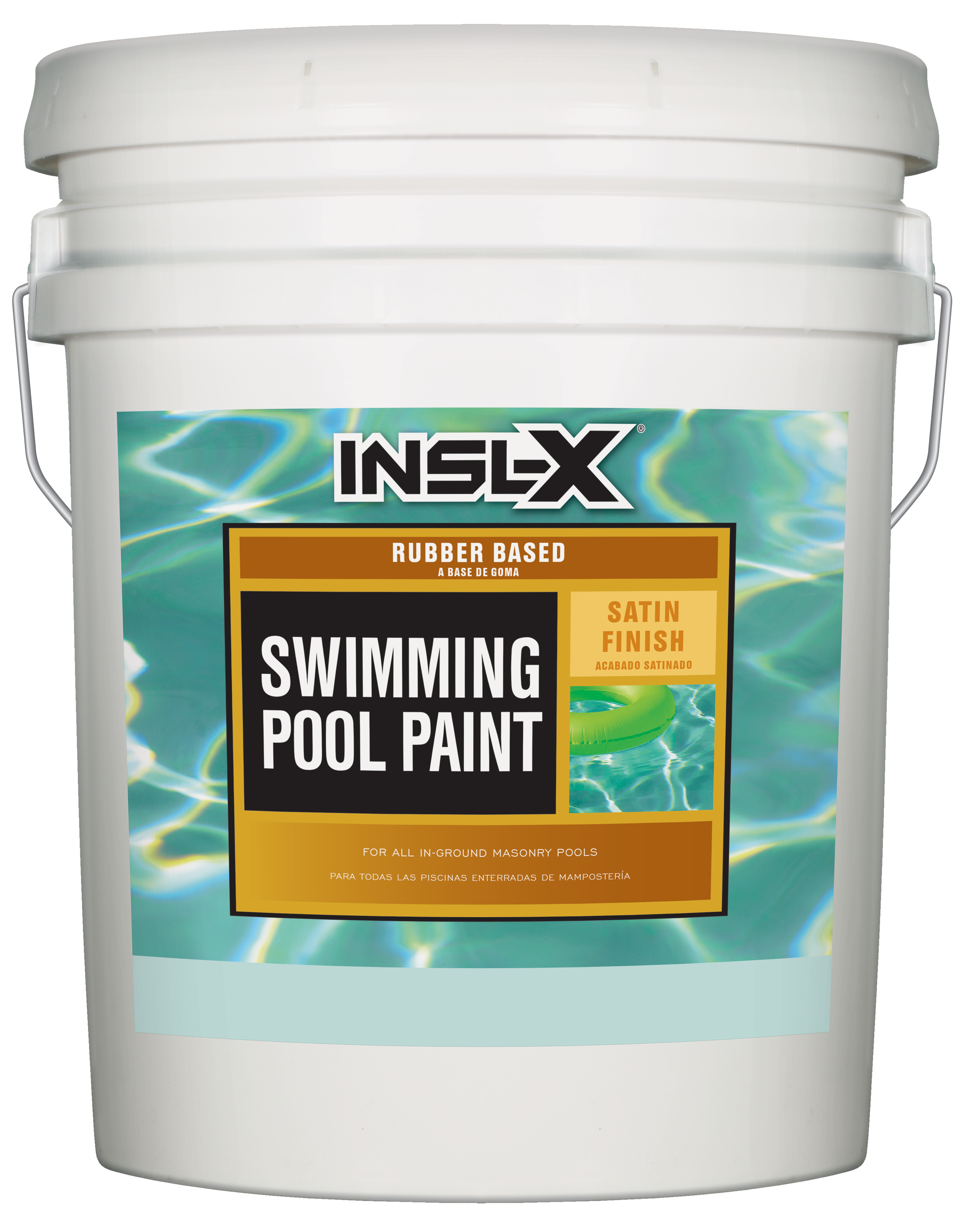 White pail of Insl-X rubber based pool paint on a white background