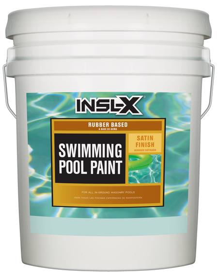 White pail of Insl-X rubber based pool paint on a white background