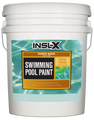 White pail of Insl-X rubber based pool paint on a white background