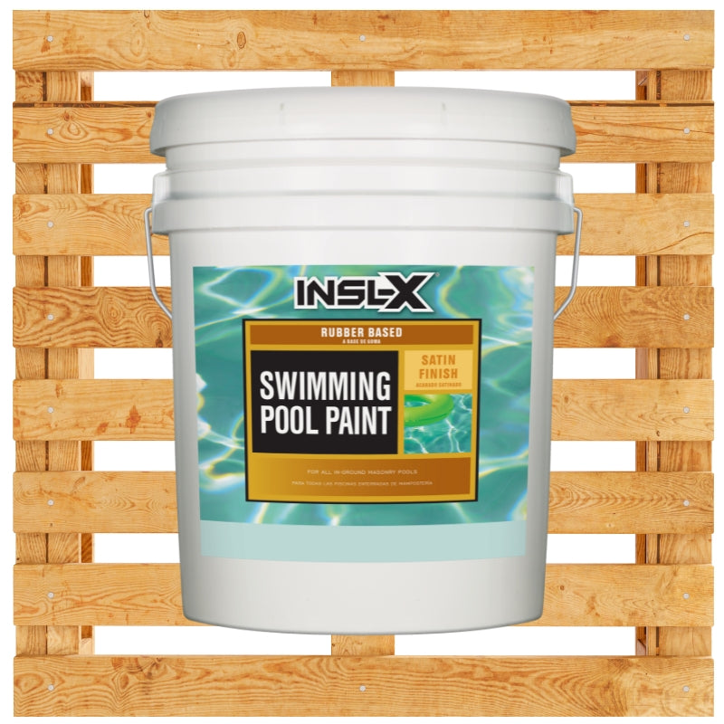 White pail of Insl-X rubber based pool paint on a wooden pallet background