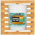 White pail of Insl-X rubber based pool paint on a wooden pallet background
