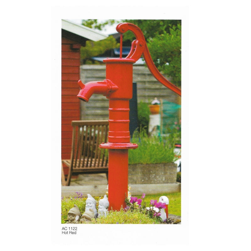 Hose pump in a garden setting with a shed and bench in the background sprayed with Insl-X AC 1122 Hot Red Spray Paint.
