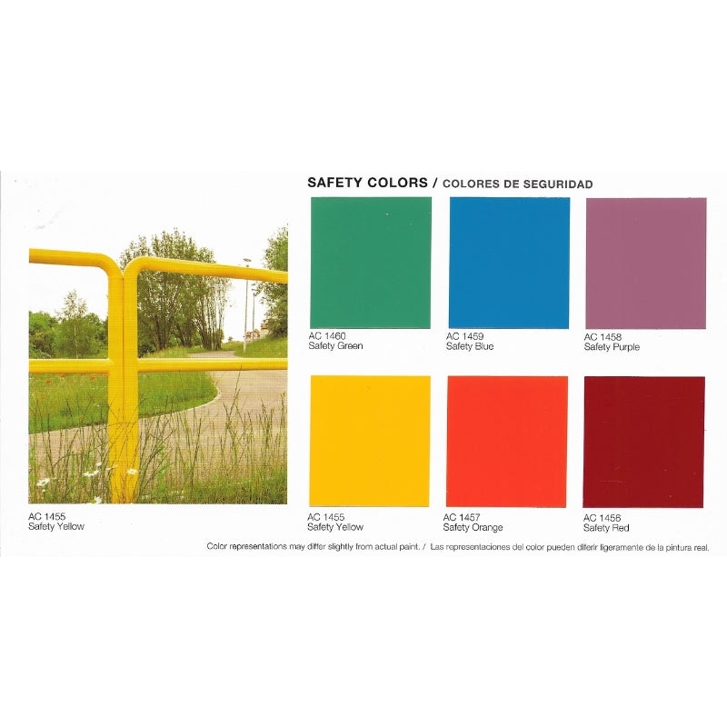 Insl-X Rust Preventative Safety colors chart with corresponding colors and a yellow gate in the background.