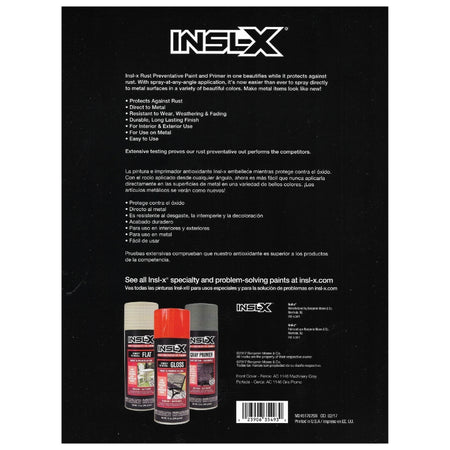 Back of an INSL-X Rust Preventative Spray Paint product packaging with text and images of spray cans.