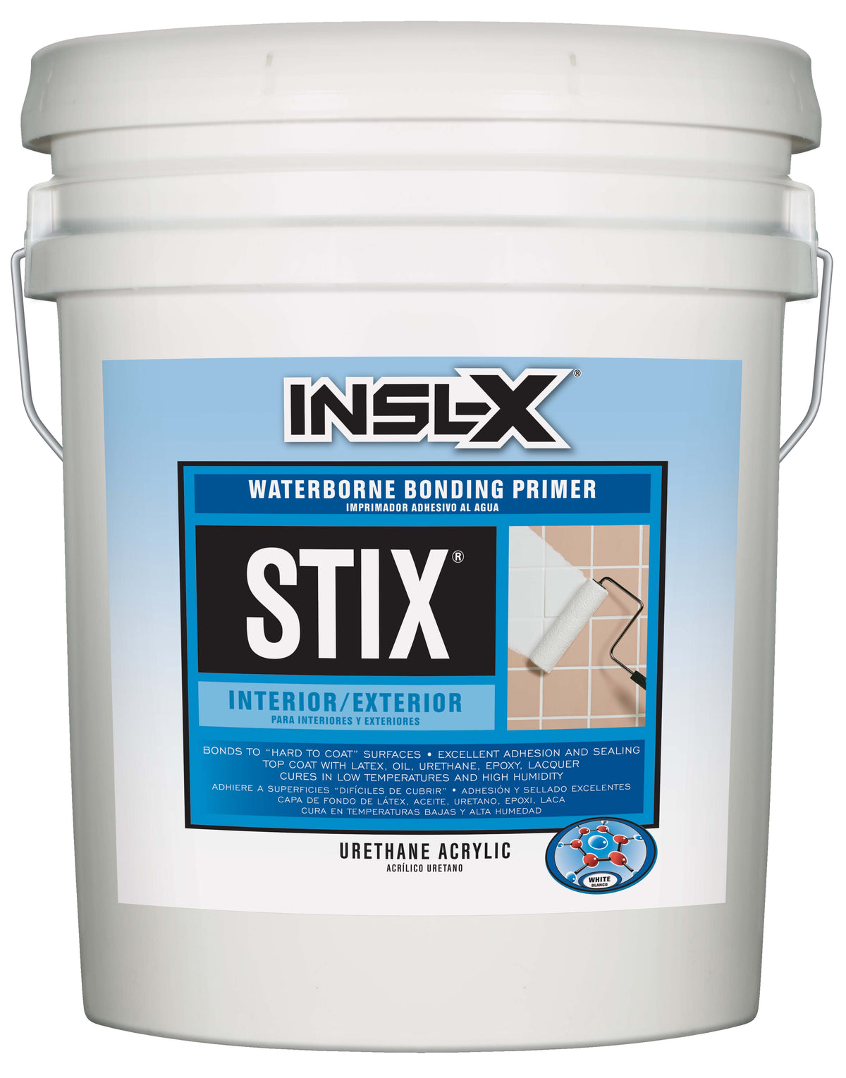 White bucket of INSL-X STIX waterborne bonding primer with a blue label.