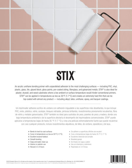 Roller applying Insl-X STIX primer on tiled wall with product features displayed