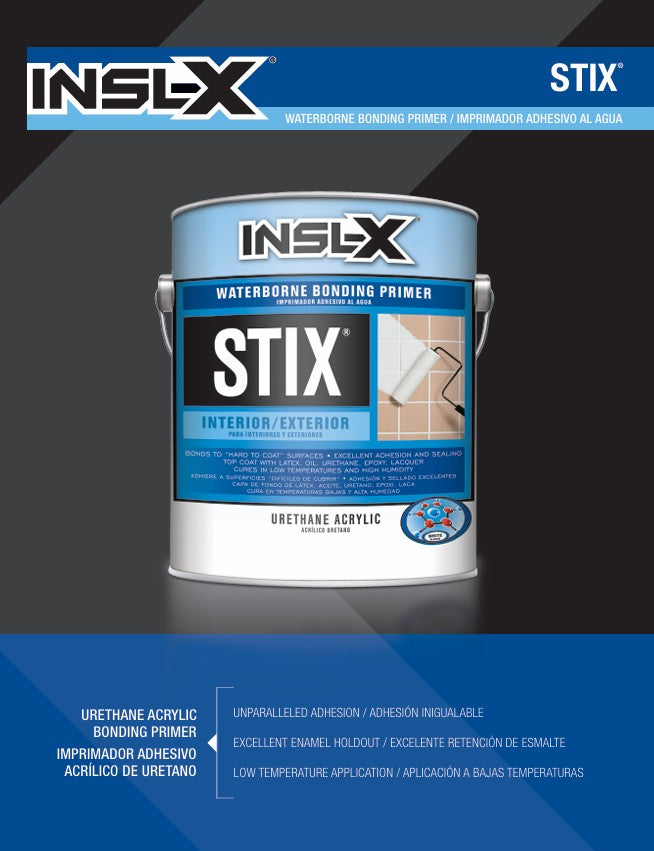 INSLX Stix waterborne bonding primer can on a dark gray and blue background