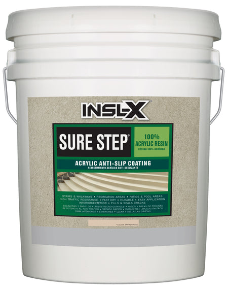 White 5 gallon bucket of INSL-X Sure Step acrylic anti-slip coating on a white background