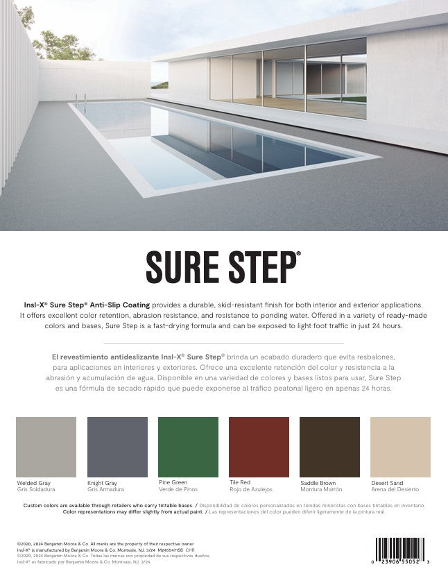 Product features for Sure Step anti-slip coating with a modern building and pool in the background.