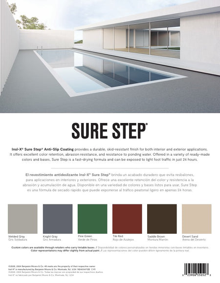 Product features for Sure Step anti-slip coating with a modern building and pool in the background.
