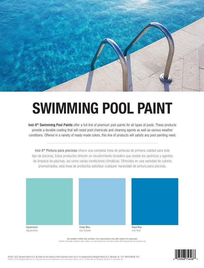 Insl-X swimming pool paint color chart with a pool and ladder in the background.