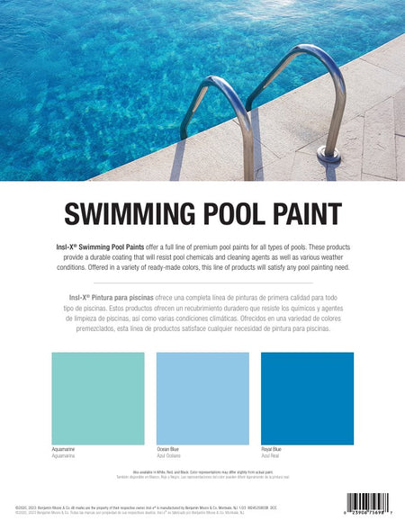 Insl-X swimming pool paint color chart with a pool and ladder in the background.