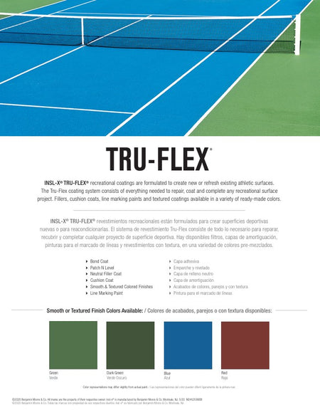 TRU-FLEX tennis court surface with color swatches and text.