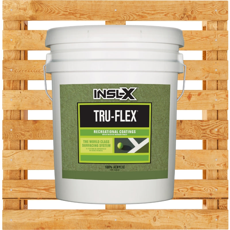 White bucket with INSL-X Tru-Flex recreational coatings label on a wooden pallet background