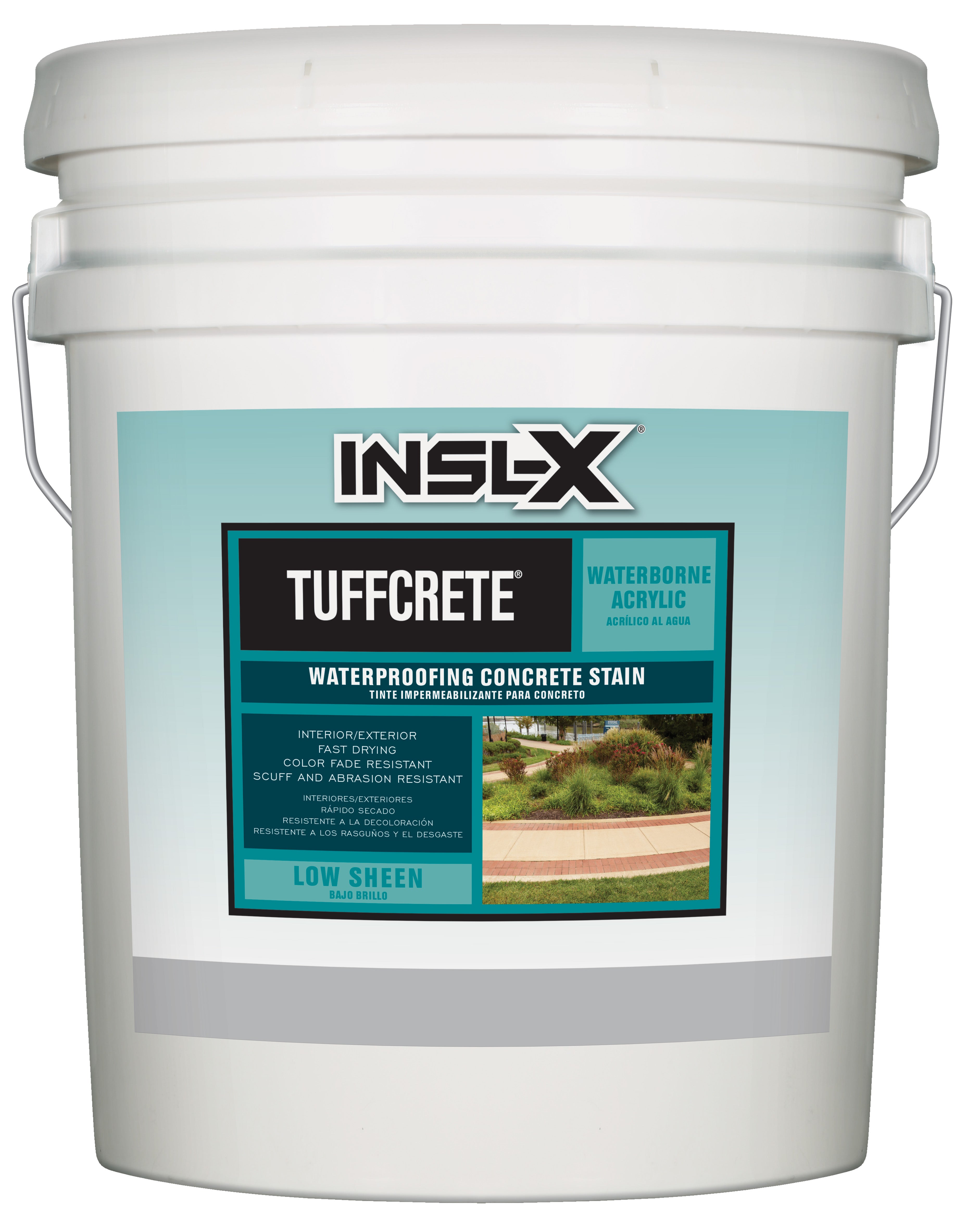 White bucket of INSL-X Tuffcrete waterproofing concrete stain on a white background