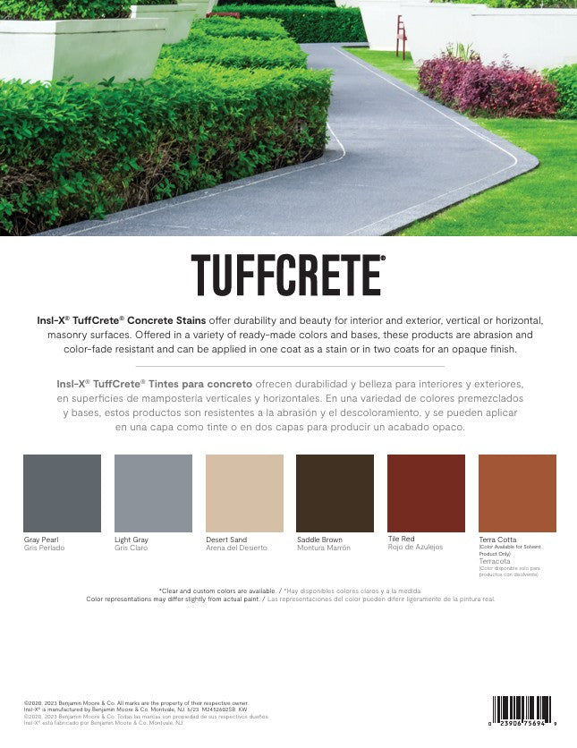 Product features for Insl-X Tuffcrete concrete stains with a concrete path and garden in the background.
