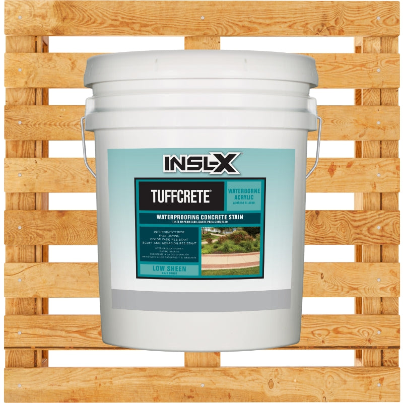 White bucket of INSL-X TuffCrete waterproofing concrete stain on a wooden pallet.