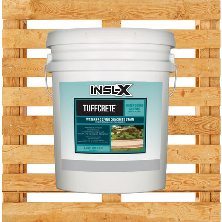 White bucket of INSL-X TuffCrete waterproofing concrete stain on a wooden pallet.