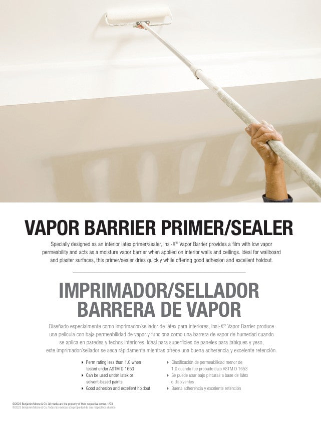 Insl-X Vapor Barrier being applied to a ceiling with a roller and showing all the product features