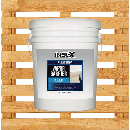White bucket of INSL-X Vapor Barrier paint on a wooden pallet