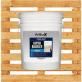 White bucket of INSL-X Vapor Barrier paint on a wooden pallet