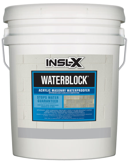 White 5 gallon bucket of INSL-X Waterblock acrylic masonry waterproofer on a white background