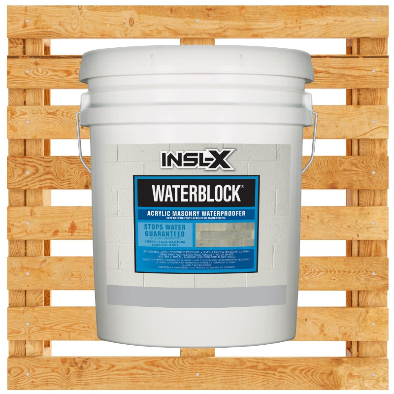 White 5 gallon bucket of INSL-X Waterblock on a wooden pallet
