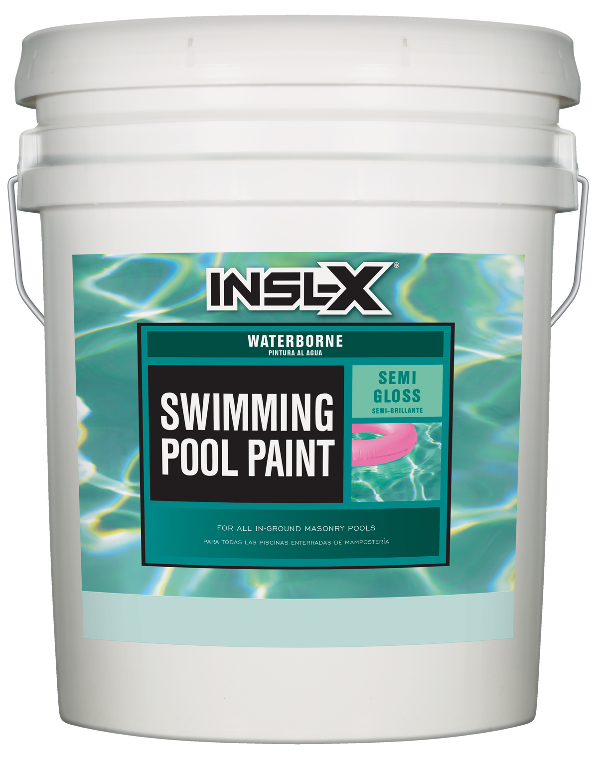 White 5 gallon pail of Insl-X Waterborne Pool Paint on a white background