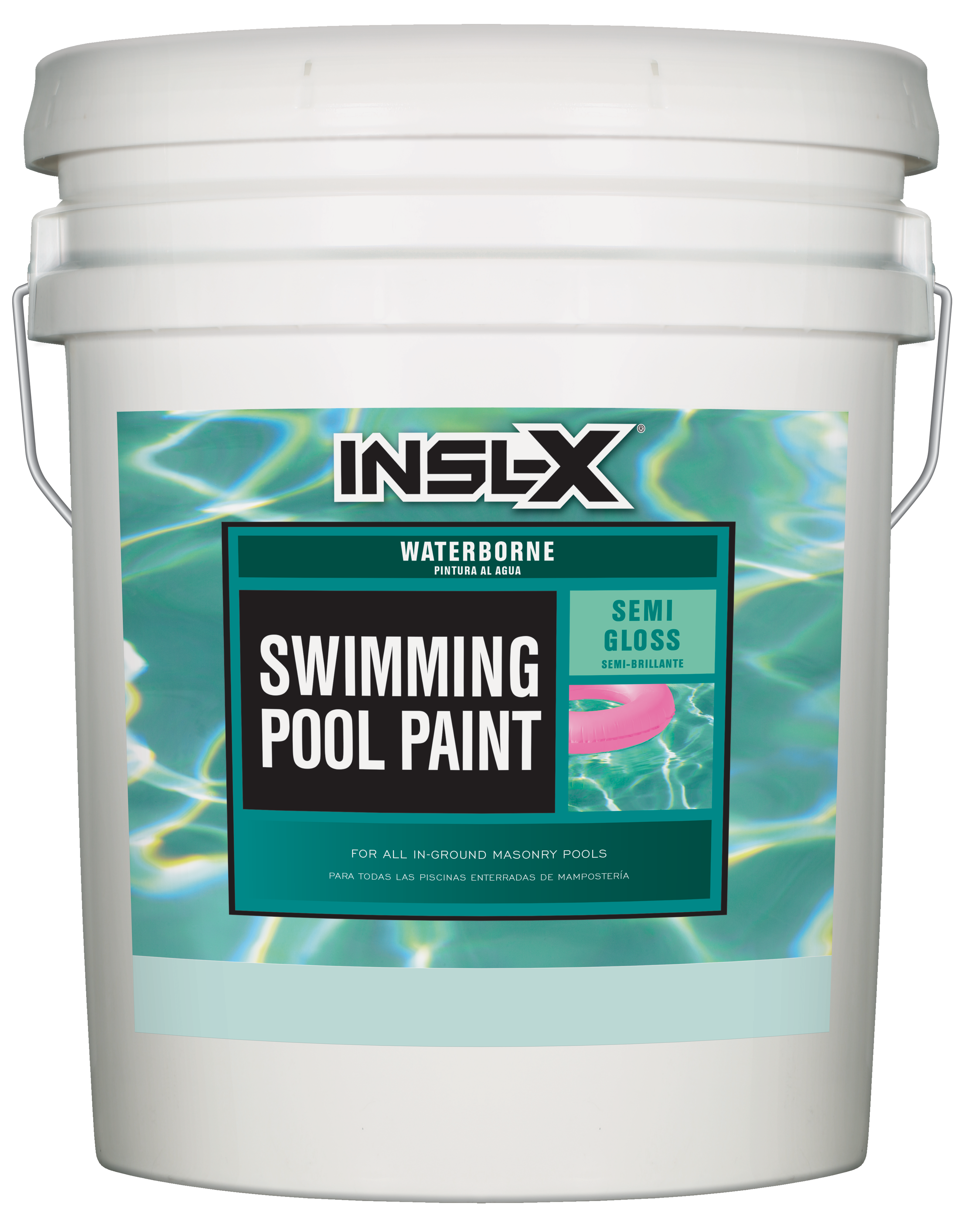 White 5 gallon pail of Insl-X Waterborne Pool Paint on a white background