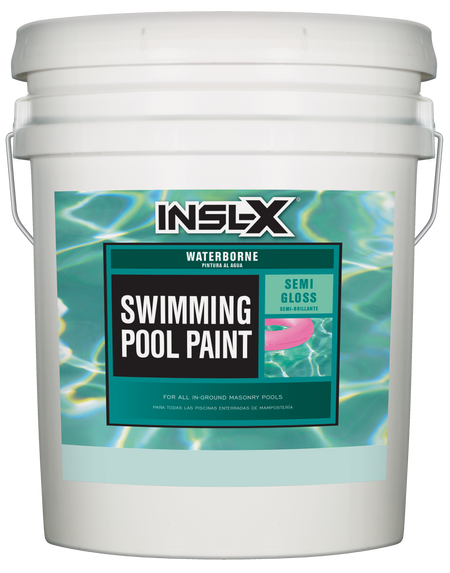 White 5 gallon pail of Insl-X Waterborne Pool Paint on a white background