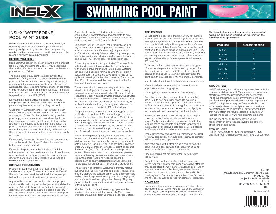INSL-X Waterborne Swimming Pool Paint guide with text and product details.
