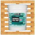 White 5 gallon pail of Insl-X Waterborne Pool Paint on a wooden pallet background