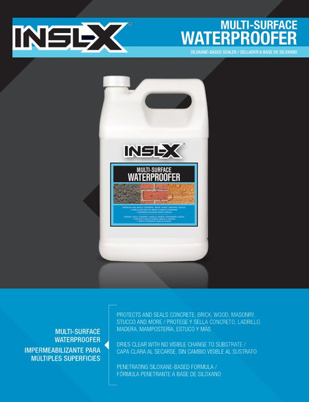 Insl-X multi-surface waterproofer container with branding and product details on a dark background