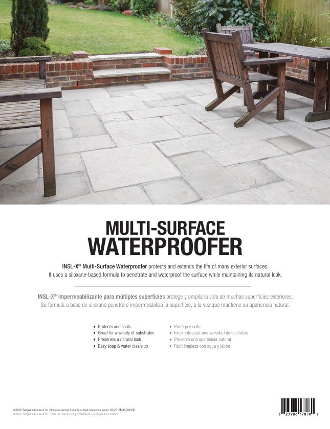 Advertisement for a Insl-X multi-surface waterproofer with outdoor furniture and patio setting.