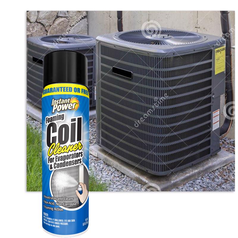 Foaming coil cleaner spray can next to an air conditioning unit outdoors.