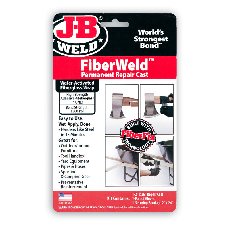 J-B Weld FiberWeld High Strength Permanent Repair Cast back label showing product highlights.