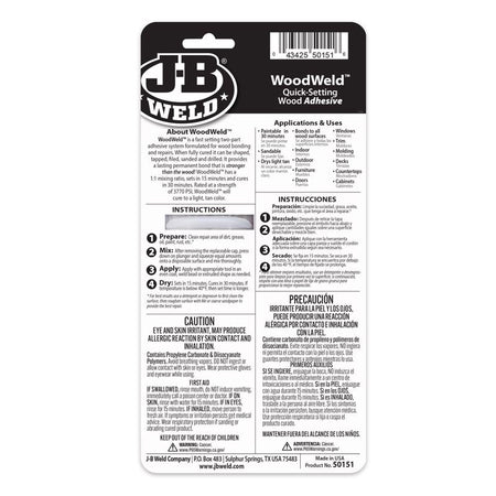 J-B Weld WoodWeld Light Tan Wood Epoxy 50151 back of package label.